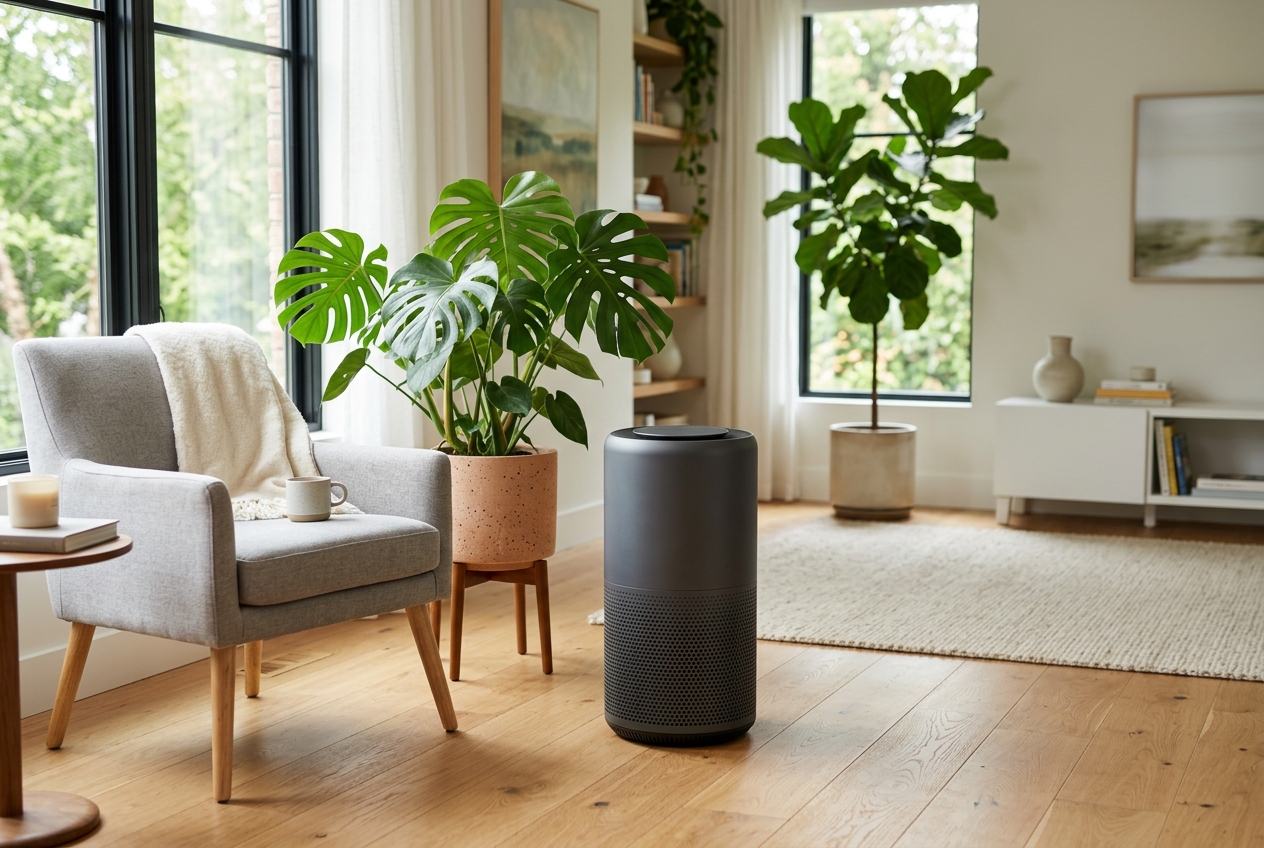 Modern white air purifier running in a bright, clean living room with natural light