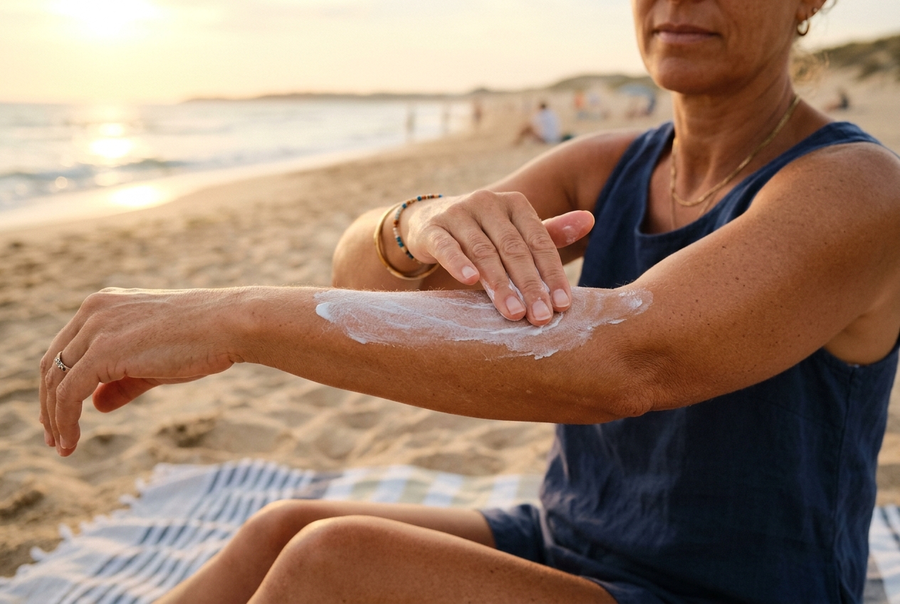 Mineral sunscreen products on a white sandy beach